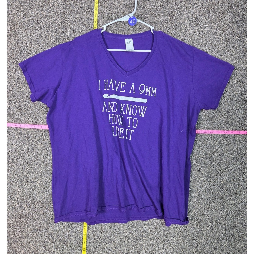 Gildan V-Neck T-Shirt Women 3XL Purple Crochet 9mm Graphic Tee A Sheep Wheel
